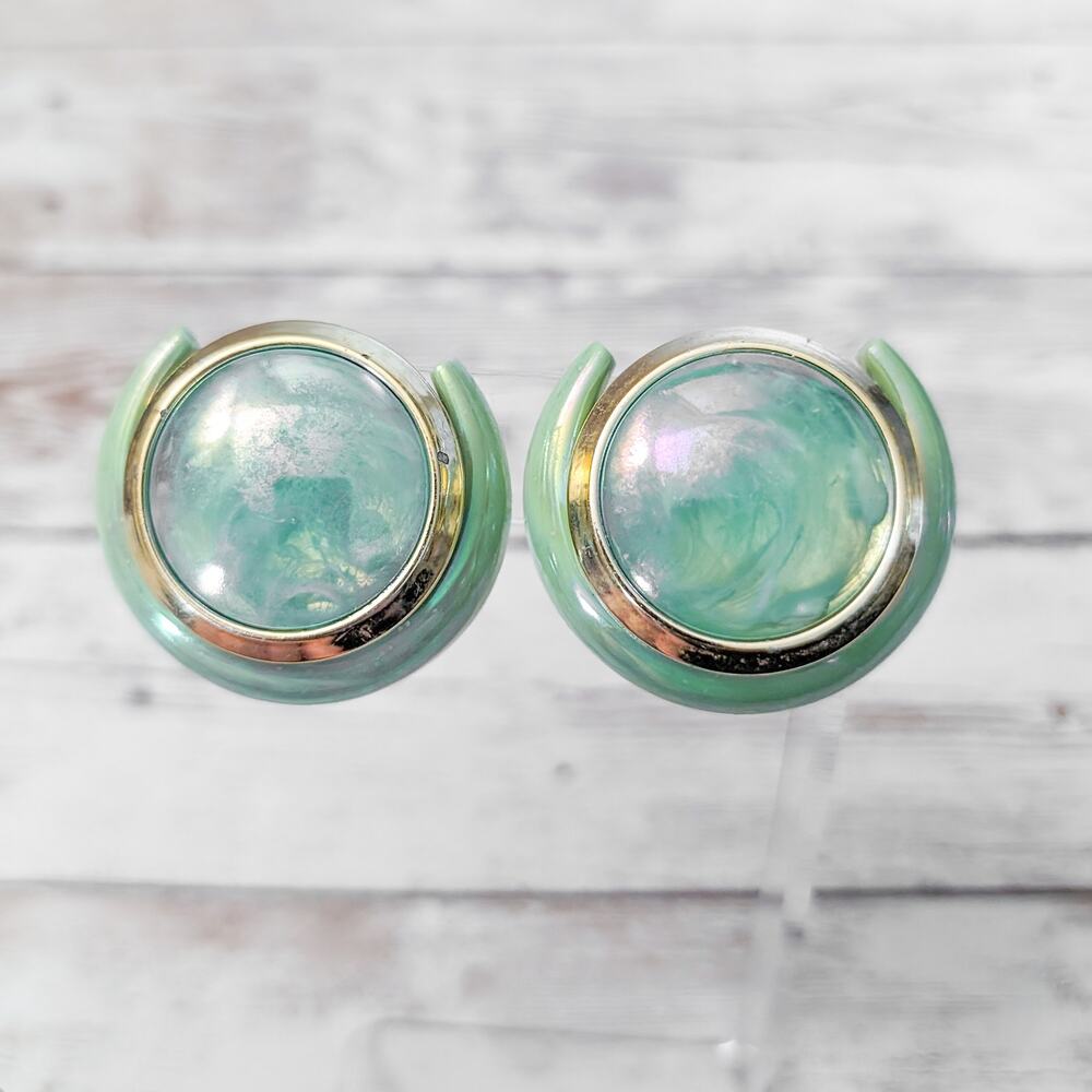 Vintage Clip On Earrings Light Green & Gold Tone Extra Large Statement